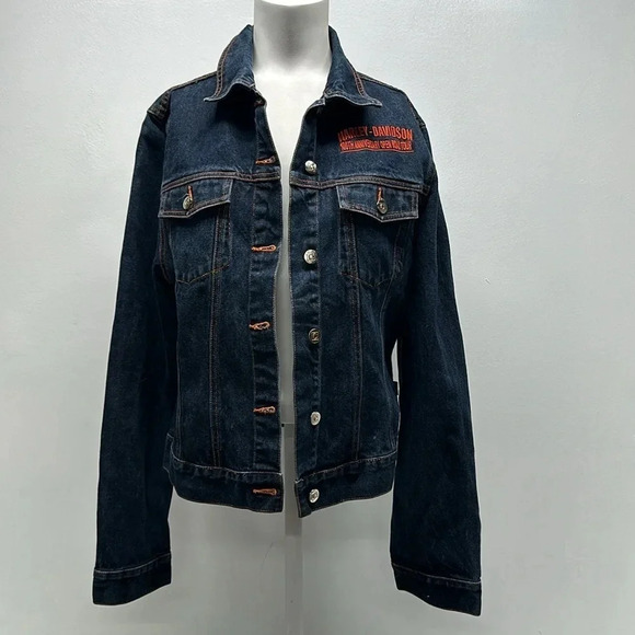 Harley Davidson Motorcycles Denim Jean Jacket Patches 100th Anniversary Blue XL - Picture 1 of 12